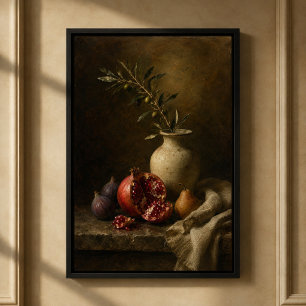 Old Master Style Pomegranate Still Life Framed Can Canvas Print