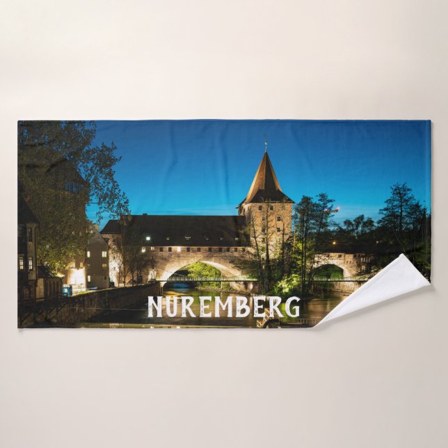 Old medieval bridge at night in Nuremberg Bath Towel (Bath Towel)