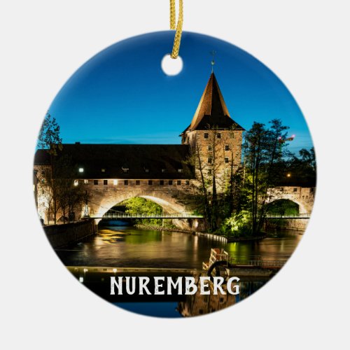 Old medieval bridge at night in Nuremberg Ceramic Ornament