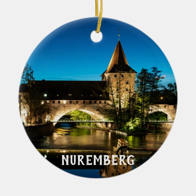 Old medieval bridge at night in Nuremberg Ceramic Ornament (Front)