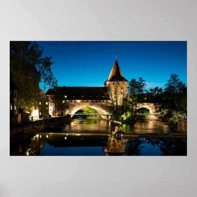 Old medieval bridge at night in Nuremberg Poster (Front)