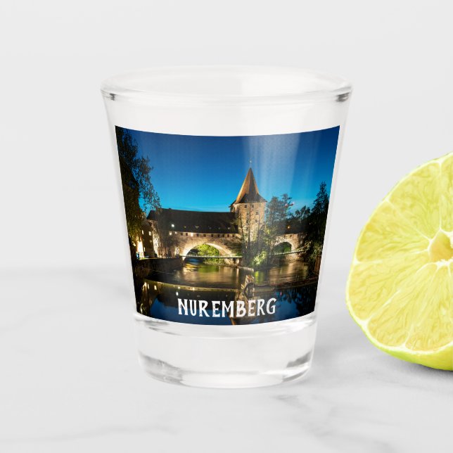 Old medieval bridge at night in Nuremberg Shot Glass (Front)