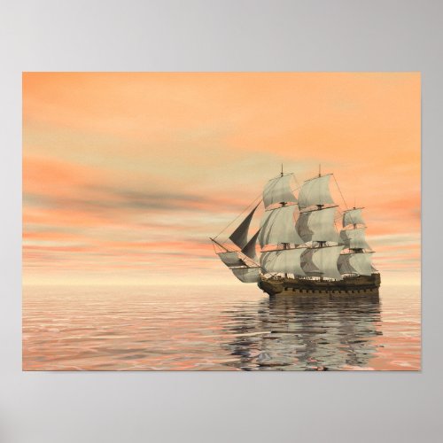 Old merchant ship on the ocean _ 3D render Poster