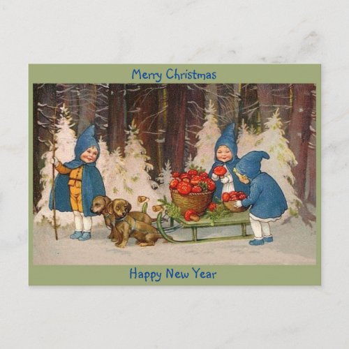 Old Merry Christmas Cute Kids Puppies Mushrooms Holiday Postcard