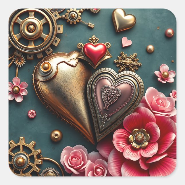old Metal Hearts and Gears Steampunk Square Sticker (Front)