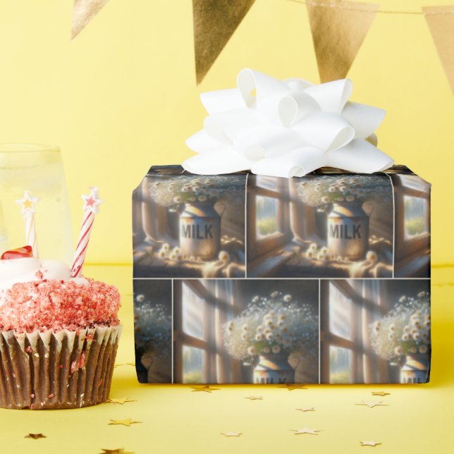 Old Milk Can with Daisy Bouquet Wrapping Paper (Birthday Party)