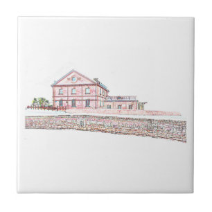 Old Mill Red Bricks Architecture Sketch Ceramic Tile