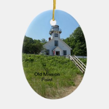 Old Mission Point Lighthouse Ceramic Ornament by lighthouseenthusiast at Zazzle