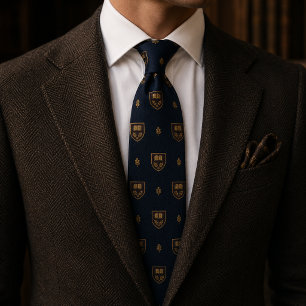 Old Money Academic Crest Book Shield Navy Neck Tie