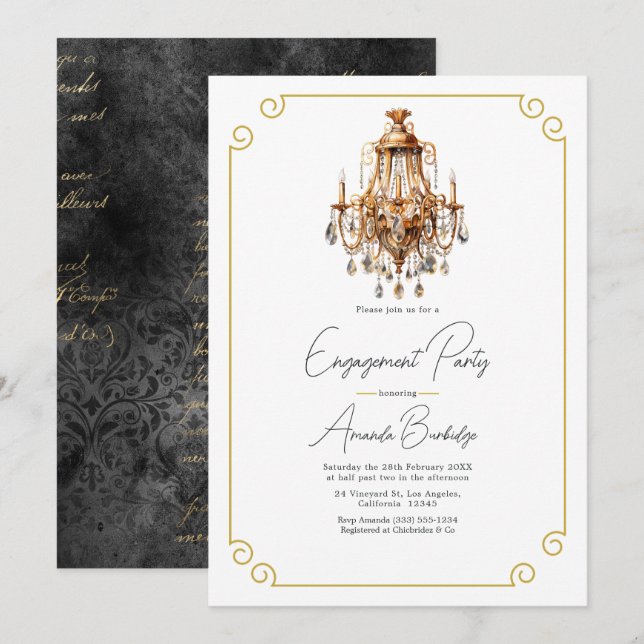 Old Money Aesthetic Black & Gold Engagement Party Invitation (Front/Back)