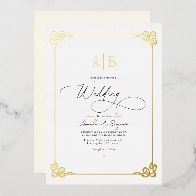 Old Money Aesthetic Gold and Ivory Wedding Foil Invitation (Front/Back)