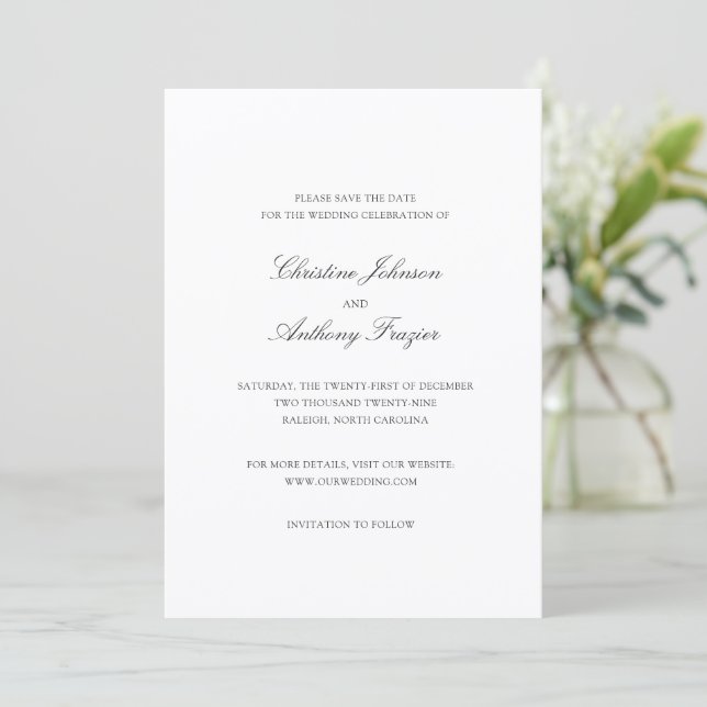 Old Money Black and White Classic Wedding Save The Date (Standing Front)