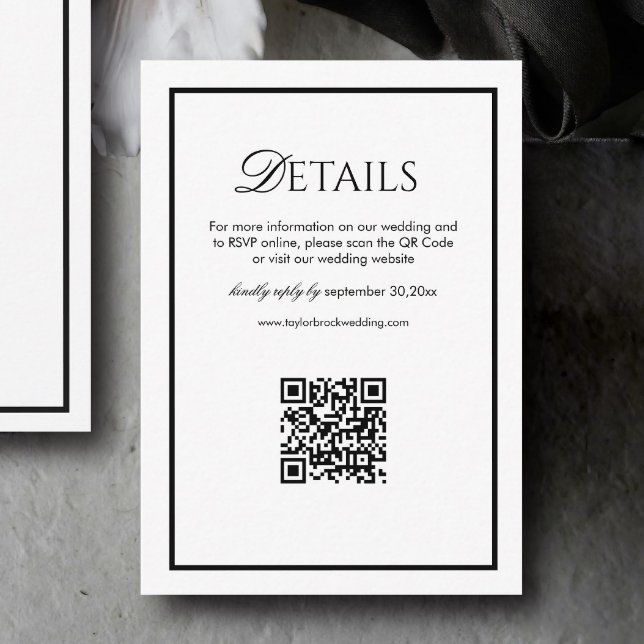 Old Money Black and White Wedding Details Qr Code Enclosure Card (Creator Uploaded)