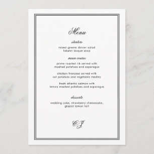 Old Money Black and White Wedding Menu Card