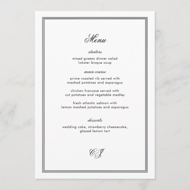 Old Money Black and White Wedding Menu Card (Front)