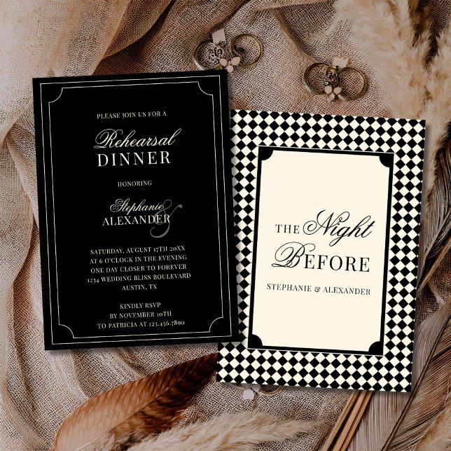 Old Money Black Ivory Checkered Rehearsal Dinner  Invitation (Creator Uploaded)