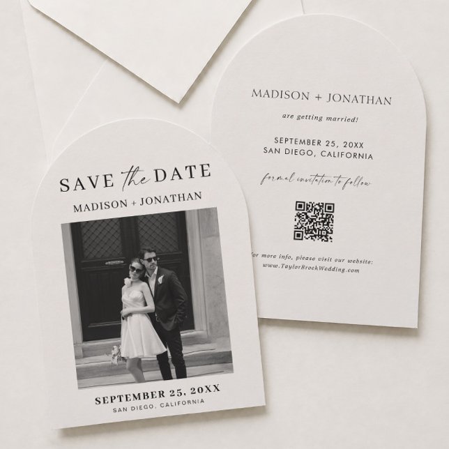 Old Money Black & Ivory Wedding Save the Date Arch Invitation (Creator Uploaded)