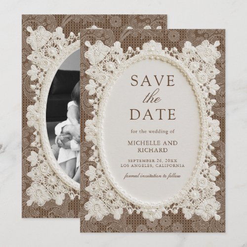 Old Money Brown Ivory Doily Lace Wedding Save The Date