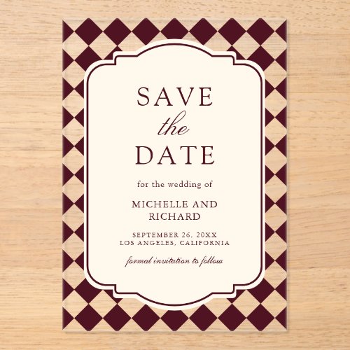 Old Money Burgundy Checkered Wedding Save the Date