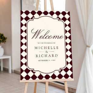 Old Money Burgundy Checkered Wedding Welcome Sign