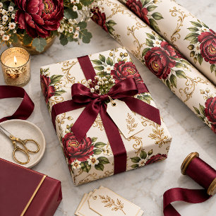 Old Money Burgundy Elegant Peony Wedding Wrapping Paper