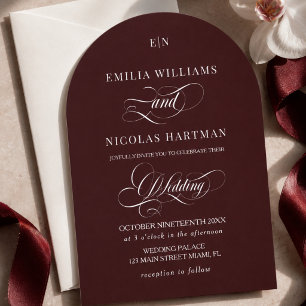Old Money Burgundy Monogram Wedding Invitation
