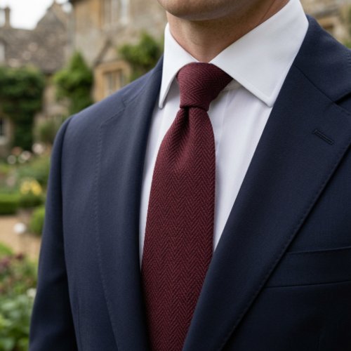 Old Money Burgundy Red Herringbone Tweed Fabric Neck Tie