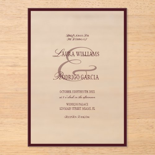 Old Money Burgundy Wedding Acrylic Invitations