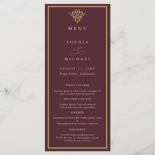 Old Money Burgundy Wedding Flat Menu (Front)