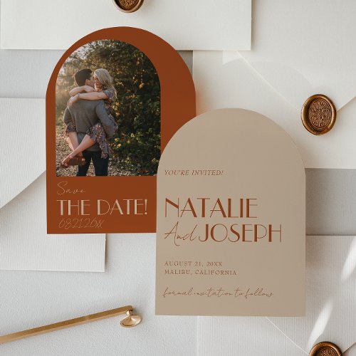 Old Money Burnt Orange Gold Arched Photo Wedding Save The Date