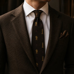 Old Money Chess Knight King Strategy Herringbone Neck Tie