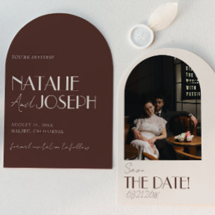 Old Money Chocolate Brown Arched Photo Wedding Save The Date