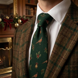 Old Money Christmas Pheasant Holly Forest Neck Tie
