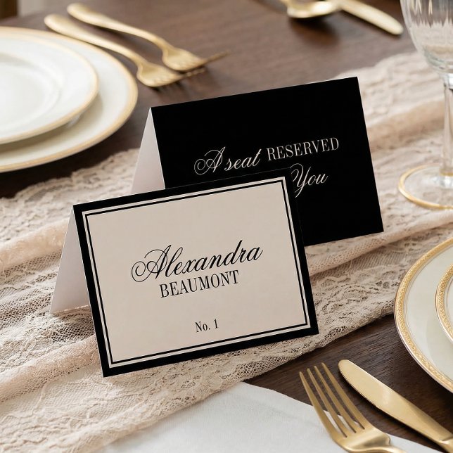 Old Money Classic Black Cream Wedding Place Card (Creator Uploaded)