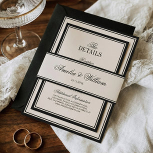 Old Money Classic Luxury Black Cream Wedding Invitation Belly Band
