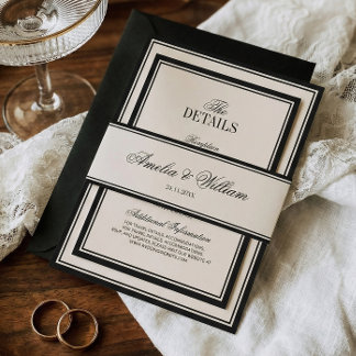 Old Money Classic Luxury Black Cream Wedding Invitation Belly Band