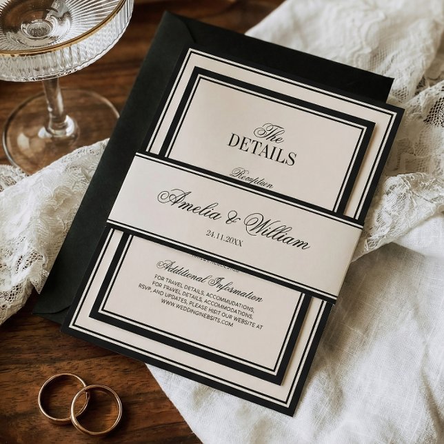 Old Money Classic Luxury Black Cream Wedding Invitation Belly Band (Creator Uploaded)