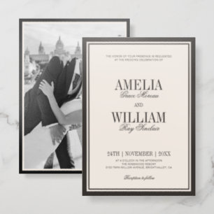Old Money Classic Luxury Black Cream Wedding Letterpress Photo Cards