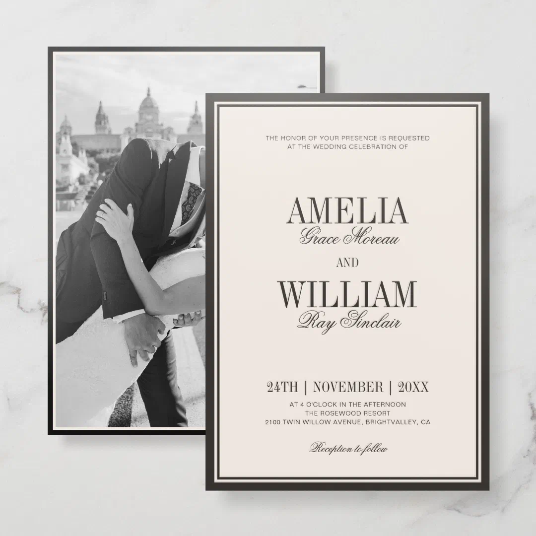 The invitation design illustrates a black double-lined border with classic and scripture text. The back of the invitation is also on show which includes a black border and custom photo. There's a white marble-like effect in the background.