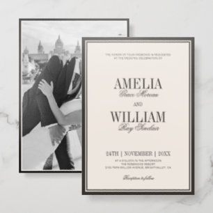 Old Money Classic Luxury Black Cream Wedding Letterpress Photo Cards