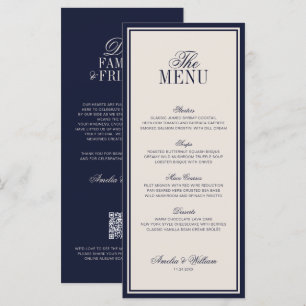 Old Money Classic Luxury Navy Blue Cream Wedding Menu