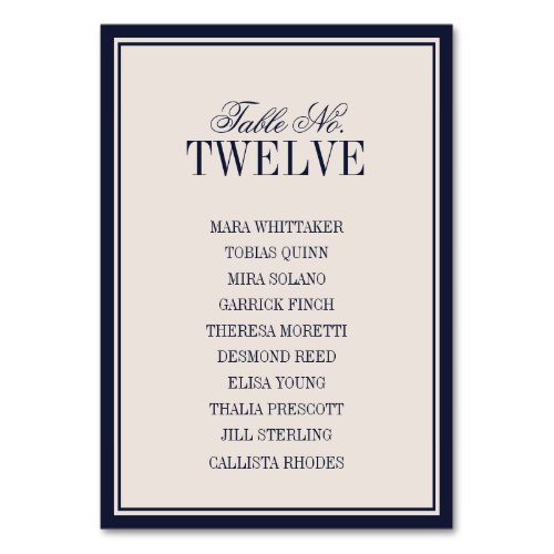 Old Money Classic Luxury Navy Blue Cream Wedding Table Number
