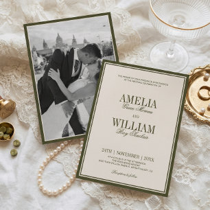 Old Money Classic Luxury Olive Cream Photo Wedding Invitation