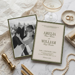 Old Money Classic Luxury Olive Cream Photo Wedding Invitation