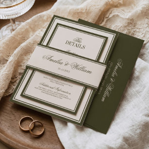 Old Money Classic Luxury Olive Green Cream Wedding Invitation Belly Band