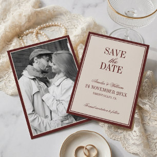 Old Money Classy Timeless Burgundy Cream Wedding Save The Date