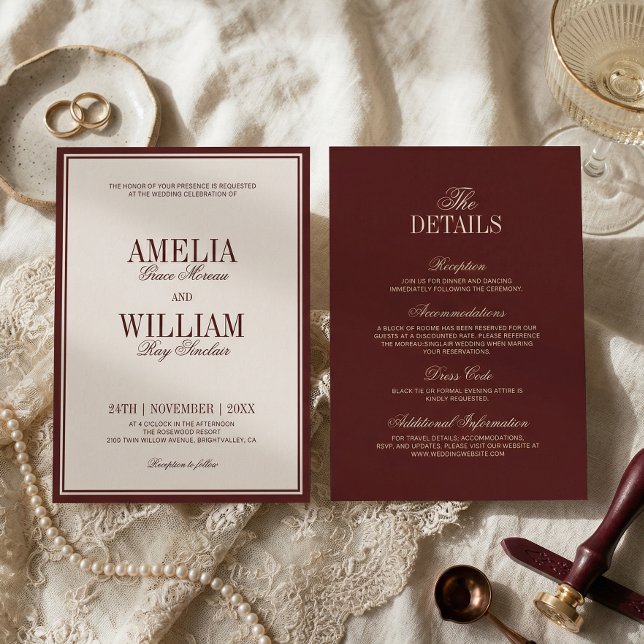 Old Money Classy Timeless Burgundy Wedding Invitation (Creator Uploaded)