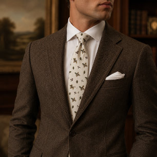 Old Money Cream Linen Oak Leaf Acorn Pattern Neck Tie