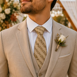 Old Money Cream Linen Oak Leaf Acorn Stripe Neck Tie