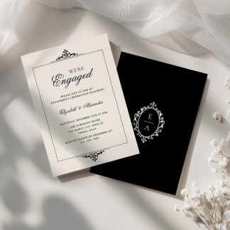 Old Money Crest Black Cream We're Engaged Party Invitation